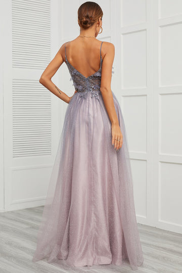 Spaghetti Straps Appliques Vestido longo baile com frente dividida
